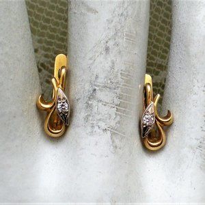 Vintage Soviet USSR Solid 18K 750 Yellow White Gold Diamond EARRINGS
